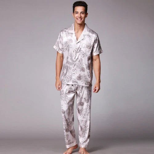 Men's Satin Silk Pajama Set - Short Sleeve & Long Pants Loungewear