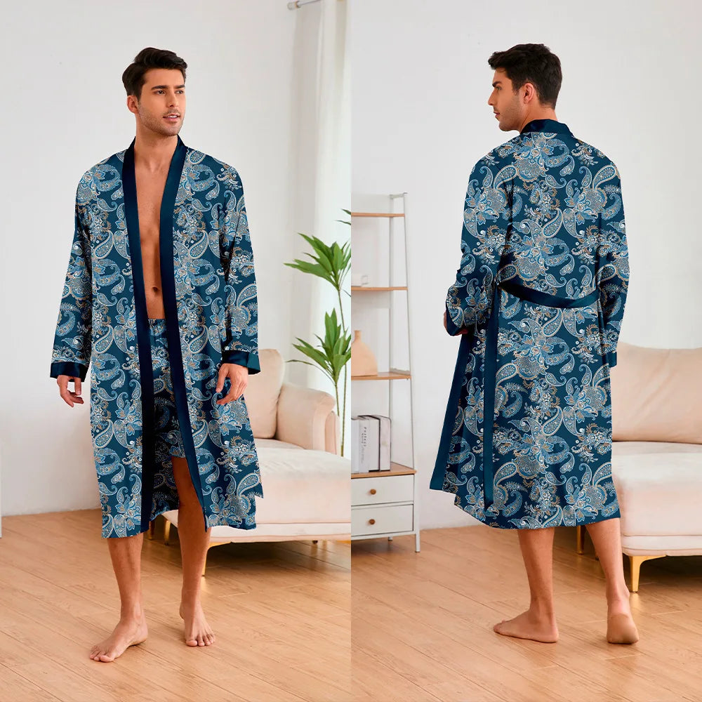 Men's Premium Ice Silk Kimono Bathrobe Set - Tiger Print Loungewear