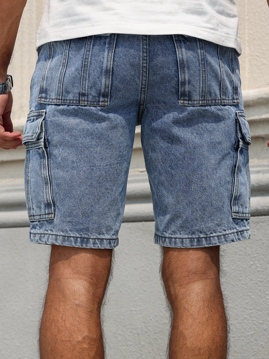 Blue Denim Shorts - Multi-Pocket Regular Fit