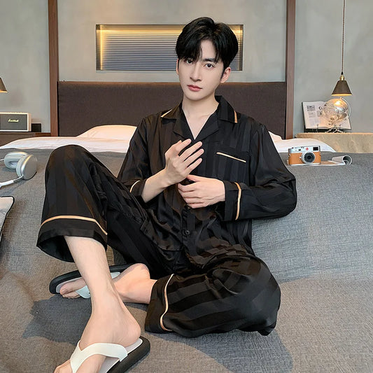 Ice Silk Striped Pajama Suit - Jacquard V-Neck