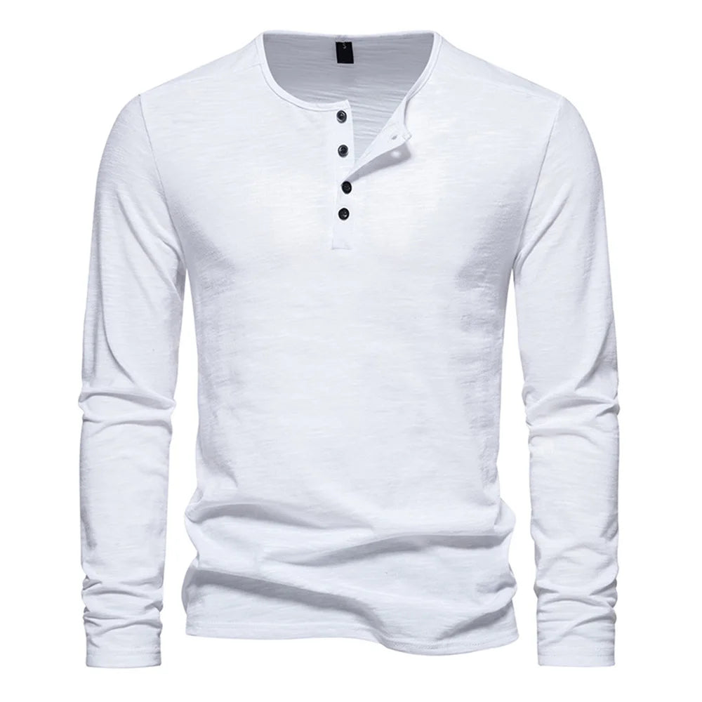 Slim Fit Long Sleeve Tee - Button Neck Cotton Shirt