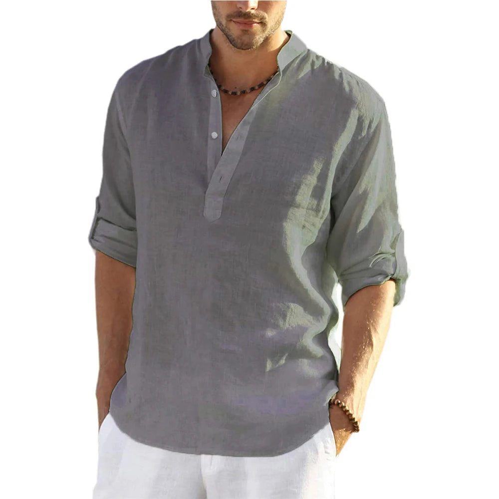 Men's Cotton Linen Long Sleeve Casual Shirt - Lightweight Breathable Button-Down Top