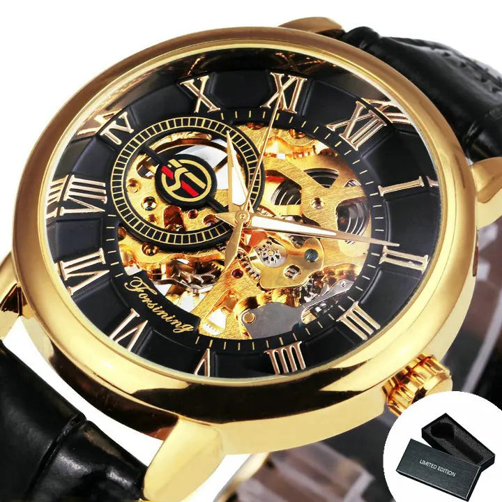 WINNER Luxury Mechanical Gold Watch - 3D Hollow Engraving Skeleton Leather Men's Watch
