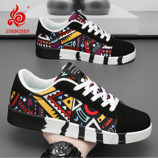 Men's Graffiti Canvas Sneakers - Colorful Lace-Up Casual Shoes