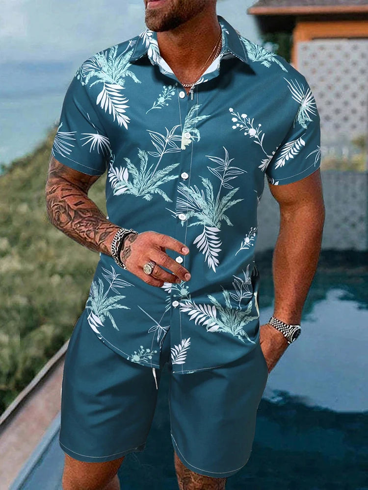 Men's Hawaiian Coconut Tree Print Shirt and Shorts Set - 2-Piece Beach Outfit