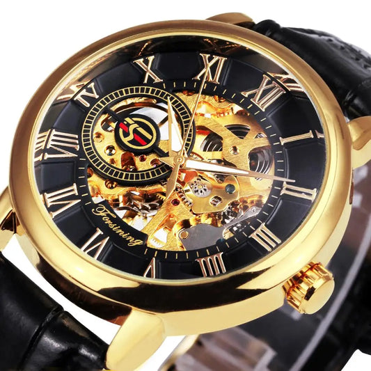 WINNER Luxury Mechanical Gold Watch - 3D Hollow Engraving Skeleton Leather Men's Watch