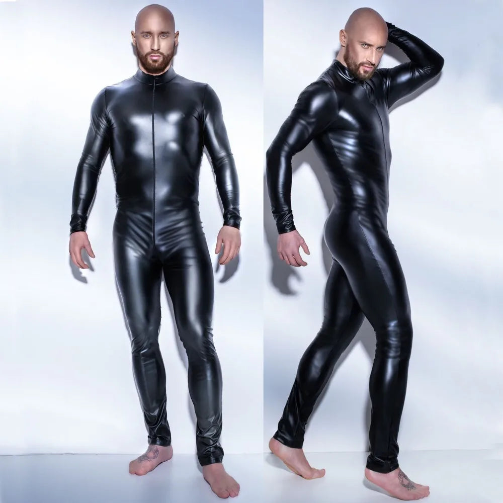 Wetlook Faux Leather Bodysuit - Metallic Catsuit