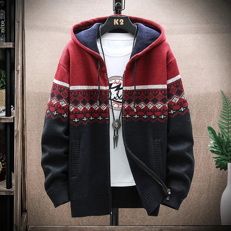 Plaid Hooded Cardigan - Wool Zipper Fleece Jumper