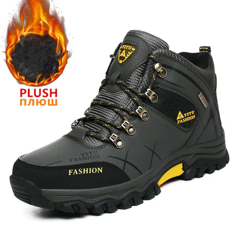Men's Waterproof Winter Snow Boots - Insulated Leather Hiking Work Boots
