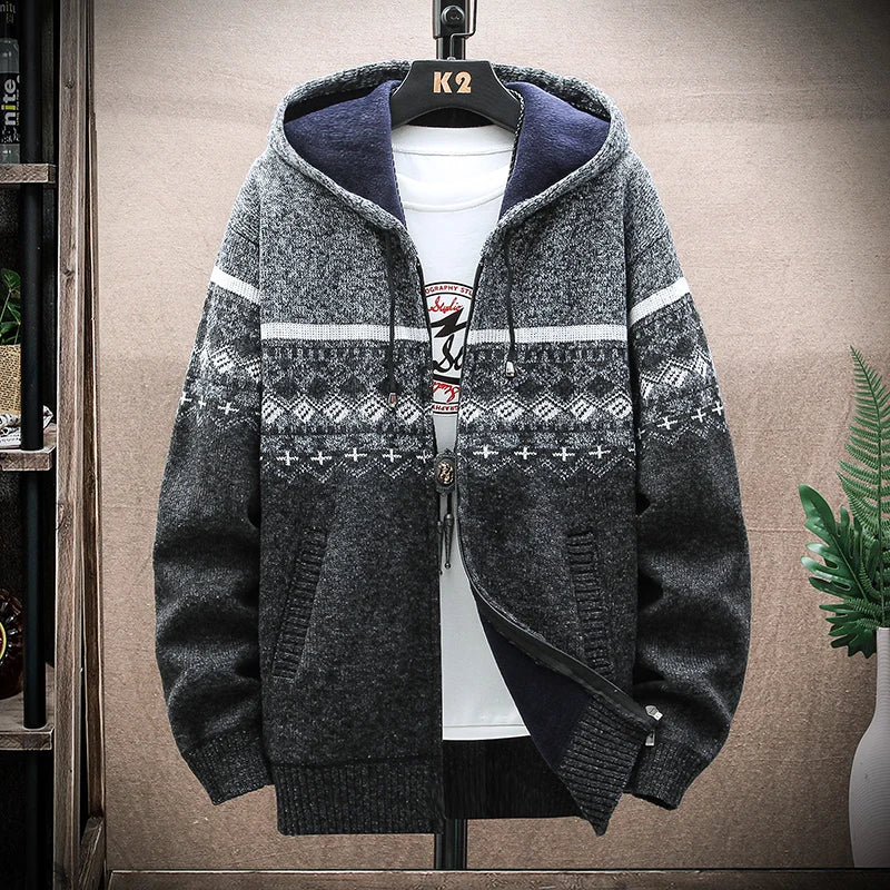 Plaid Hooded Cardigan - Wool Zipper Fleece Jumper