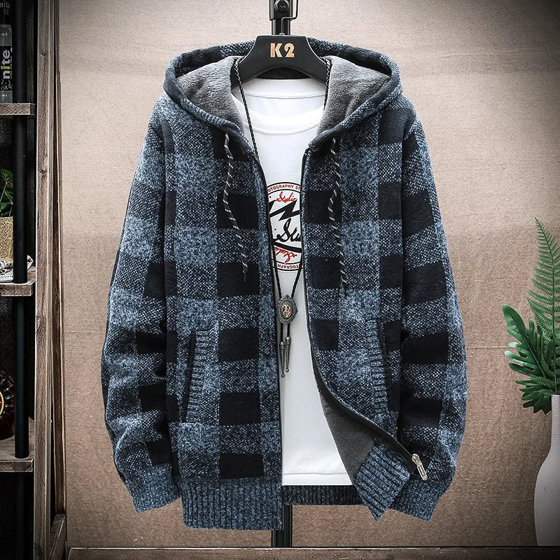 Plaid Hooded Cardigan - Wool Zipper Fleece Jumper