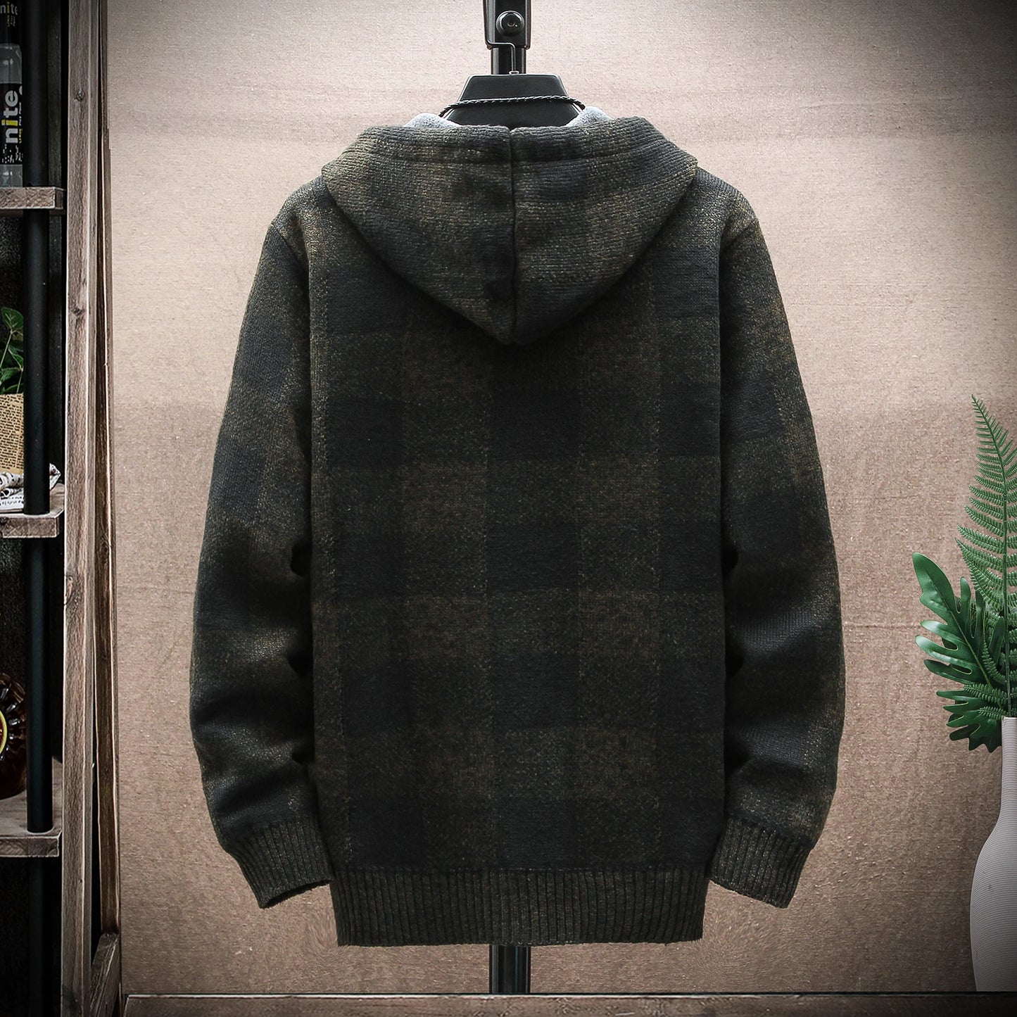 Plaid Hooded Cardigan - Wool Zipper Fleece Jumper