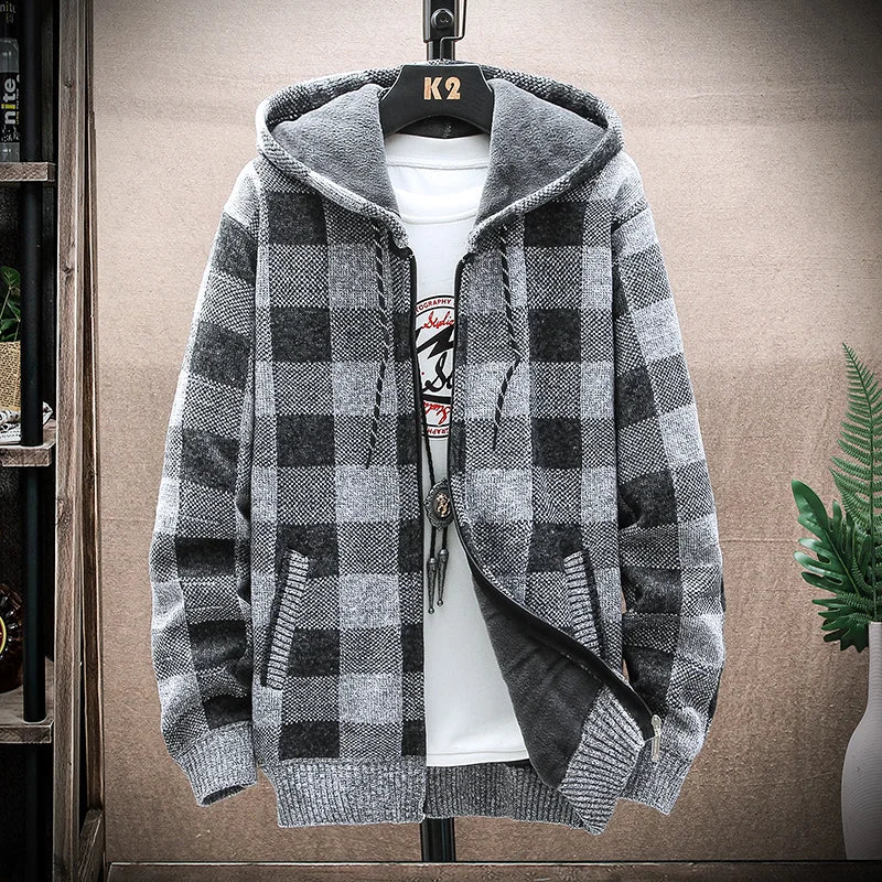 Plaid Hooded Cardigan - Wool Zipper Fleece Jumper
