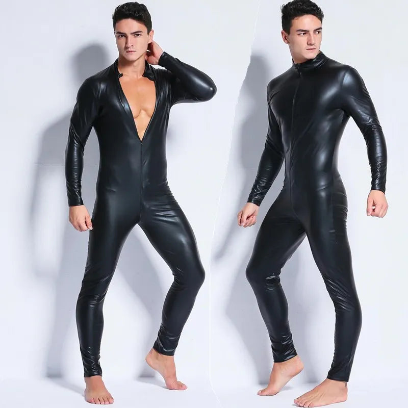 Wetlook Faux Leather Bodysuit - Metallic Catsuit