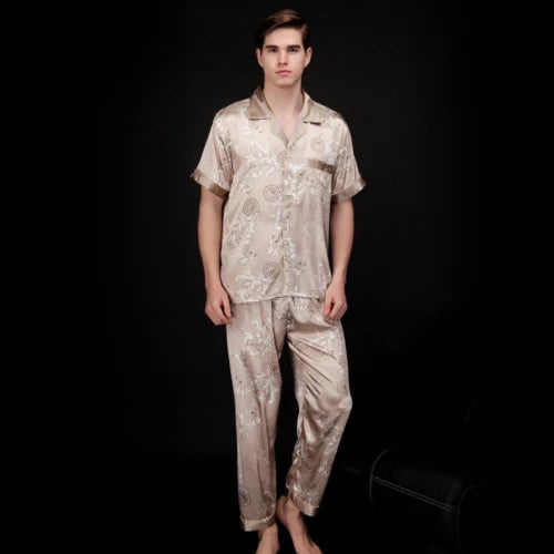 Men's Satin Silk Pajama Set - Short Sleeve & Long Pants Loungewear