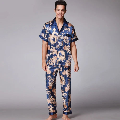 Men's Satin Silk Pajama Set - Short Sleeve & Long Pants Loungewear