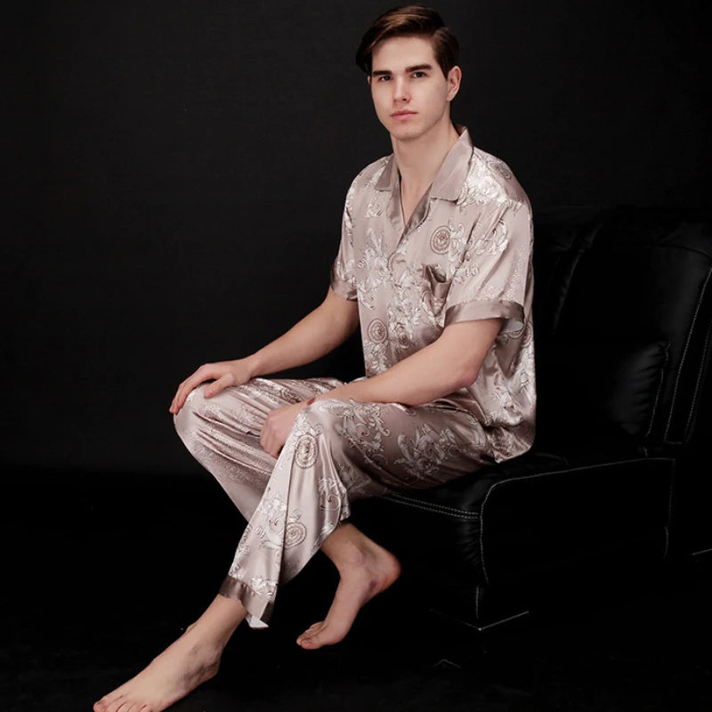 Men's Satin Silk Pajama Set - Short Sleeve & Long Pants Loungewear