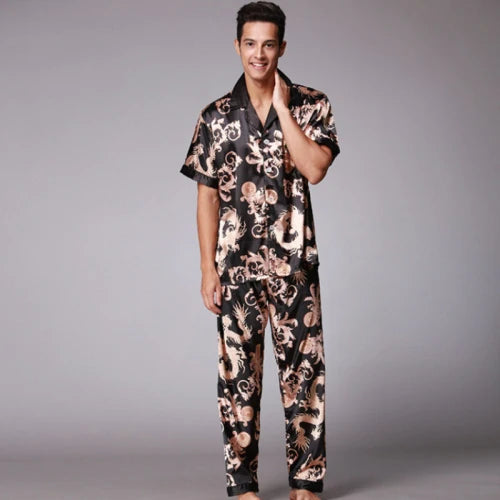 Men's Satin Silk Pajama Set - Short Sleeve & Long Pants Loungewear