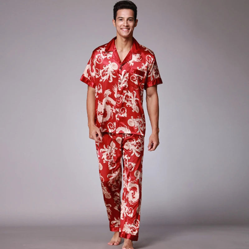 Men's Satin Silk Pajama Set - Short Sleeve & Long Pants Loungewear