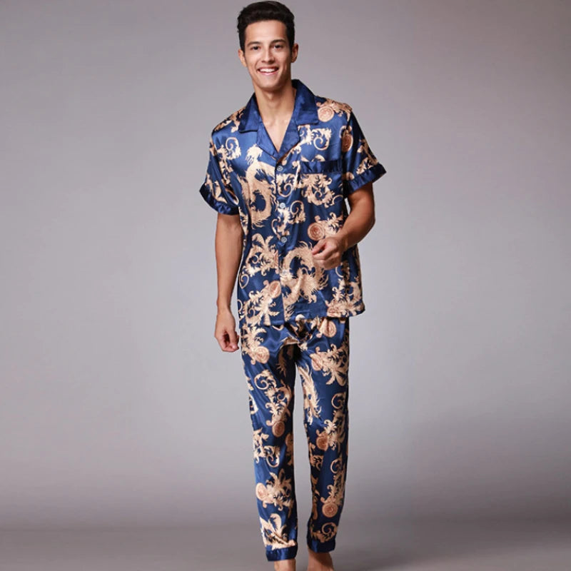 Men's Satin Silk Pajama Set - Short Sleeve & Long Pants Loungewear