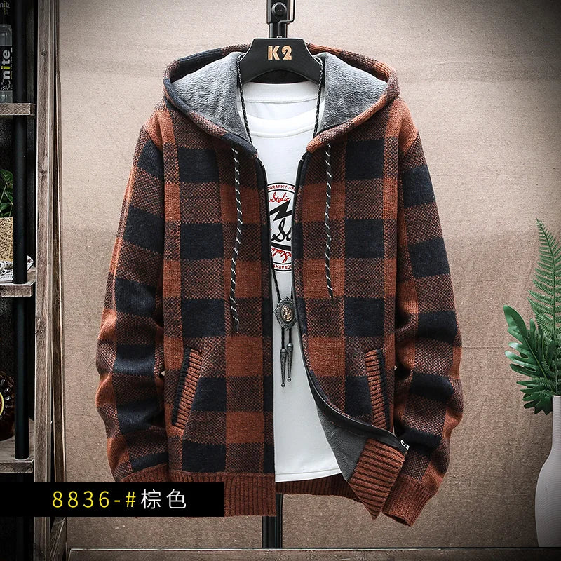 Plaid Hooded Cardigan - Wool Zipper Fleece Jumper