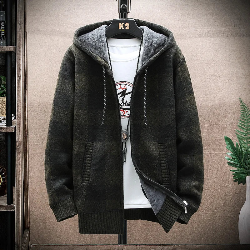 Plaid Hooded Cardigan - Wool Zipper Fleece Jumper