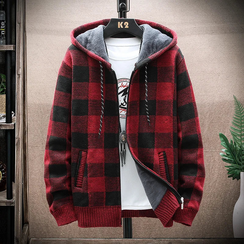 Plaid Hooded Cardigan - Wool Zipper Fleece Jumper