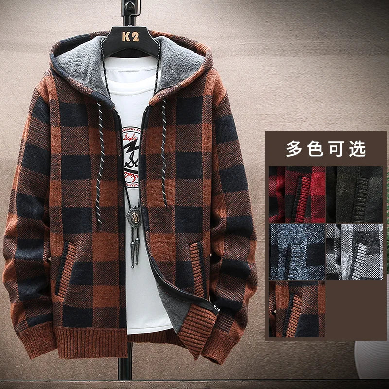 Plaid Hooded Cardigan - Wool Zipper Fleece Jumper