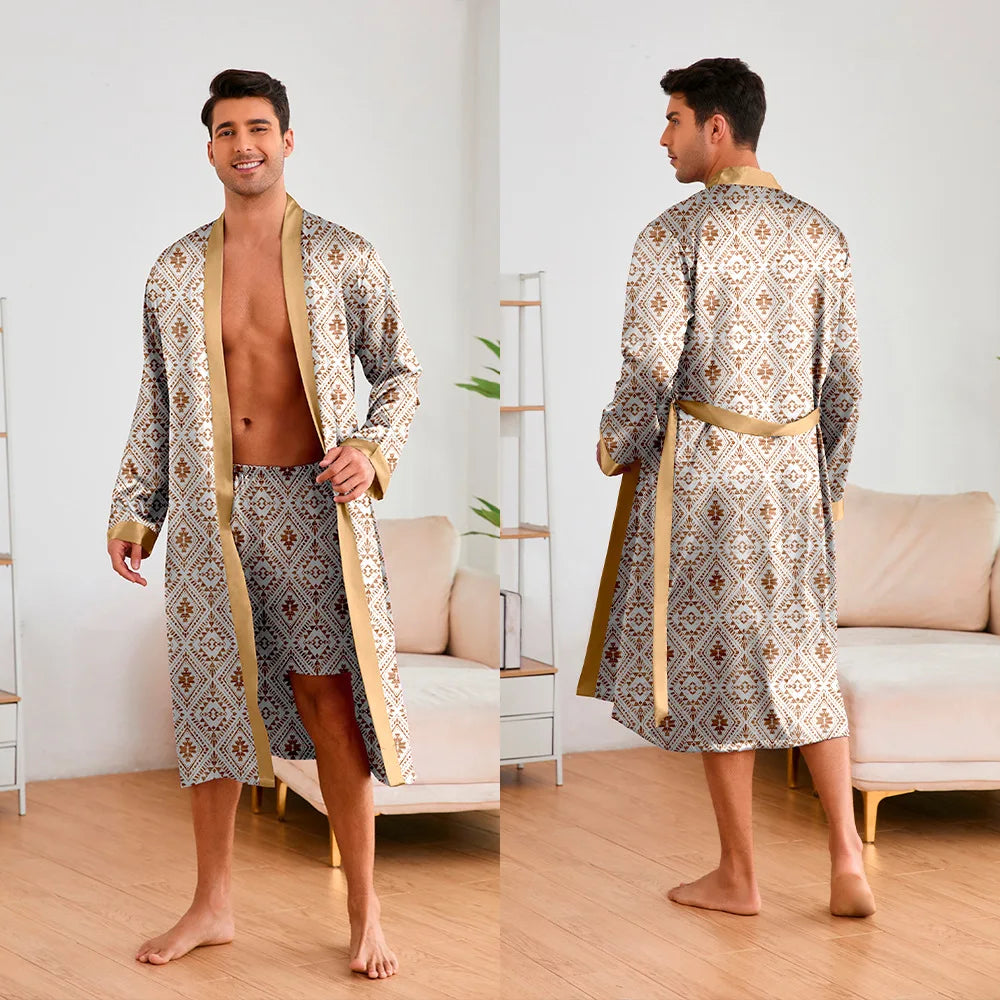 Men's Premium Ice Silk Kimono Bathrobe Set - Tiger Print Loungewear
