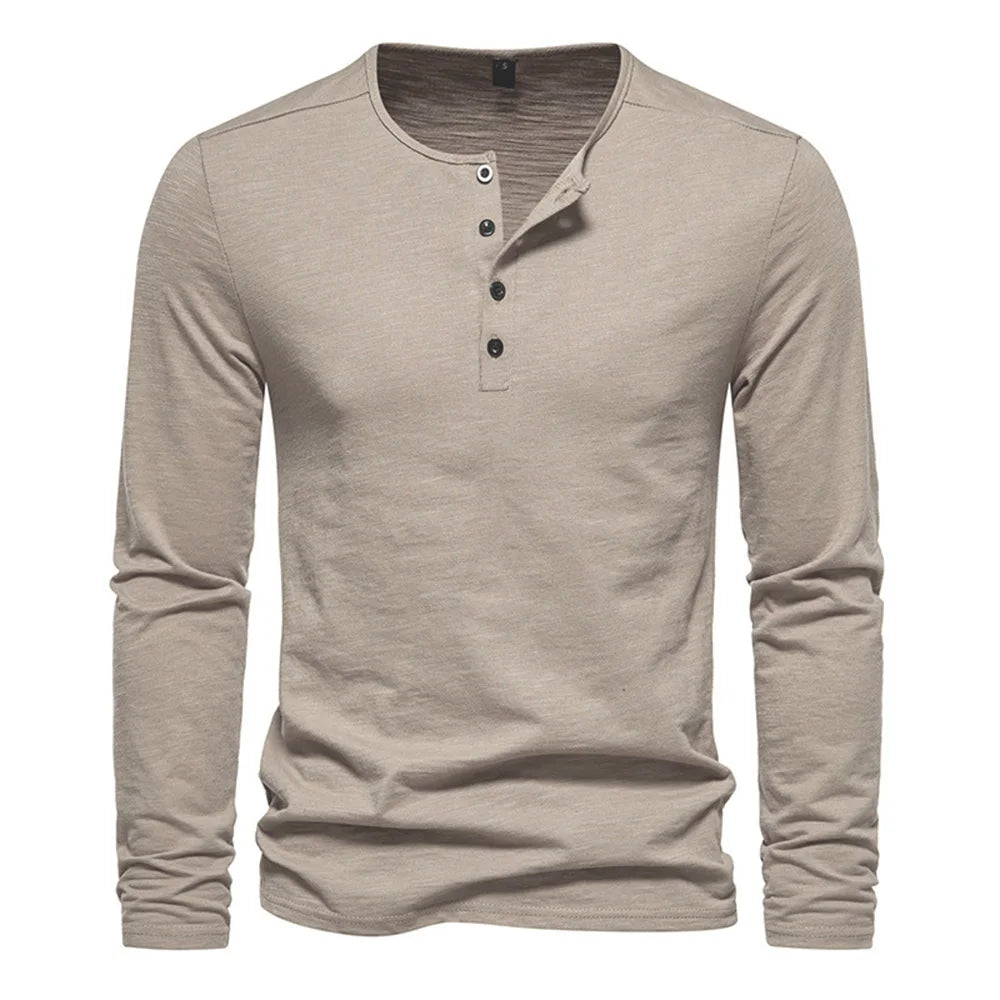Slim Fit Long Sleeve Tee - Button Neck Cotton Shirt
