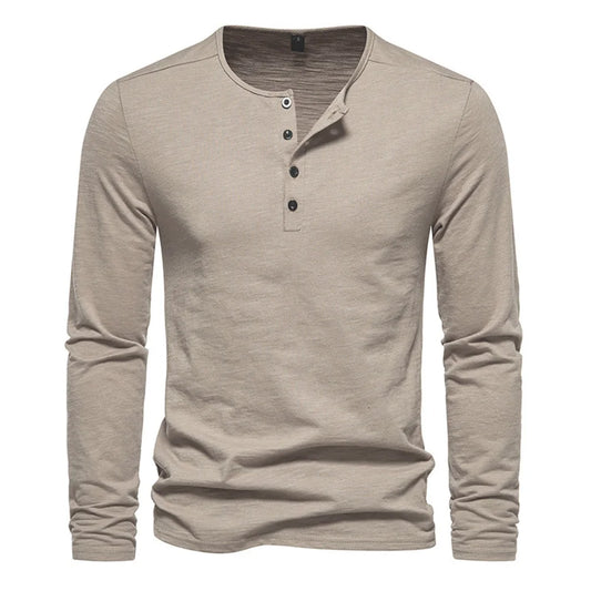 Slim Fit Long Sleeve Tee - Button Neck Cotton Shirt