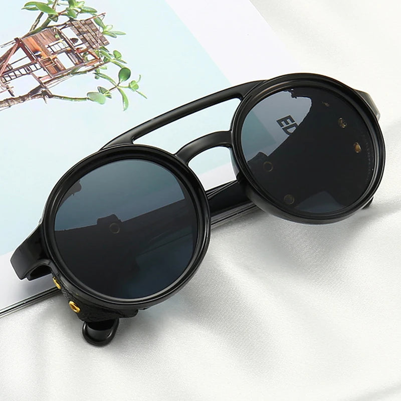 Steampunk Shield Sunglasses - Side Leather Round
