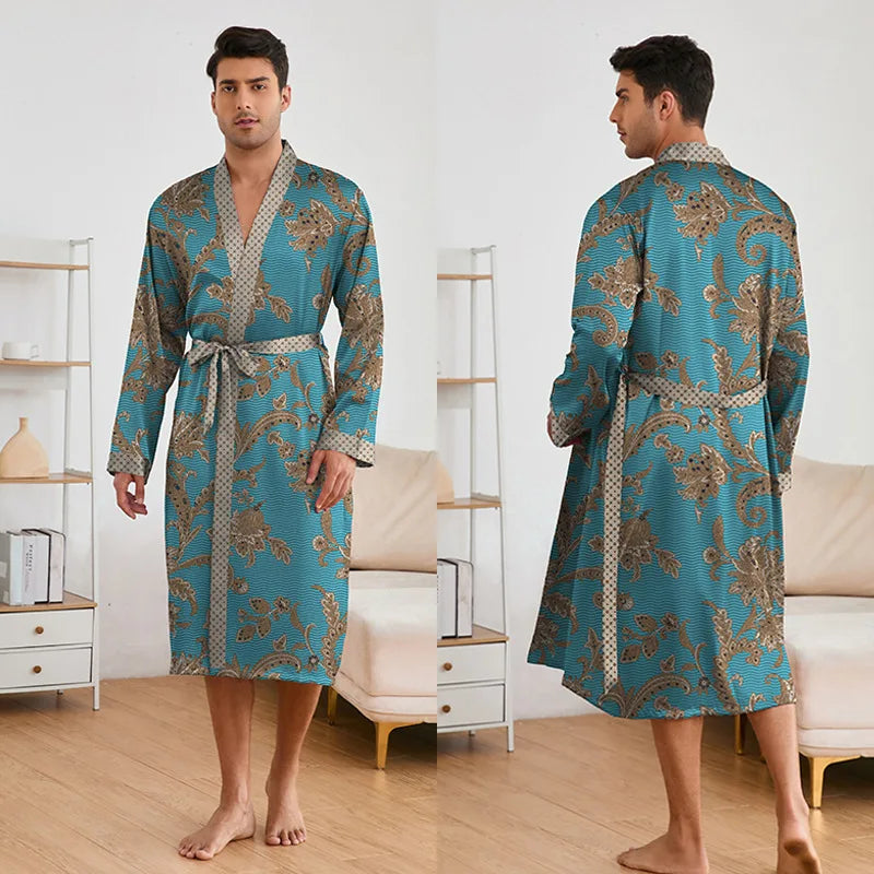 Men's Premium Ice Silk Kimono Bathrobe Set - Tiger Print Loungewear