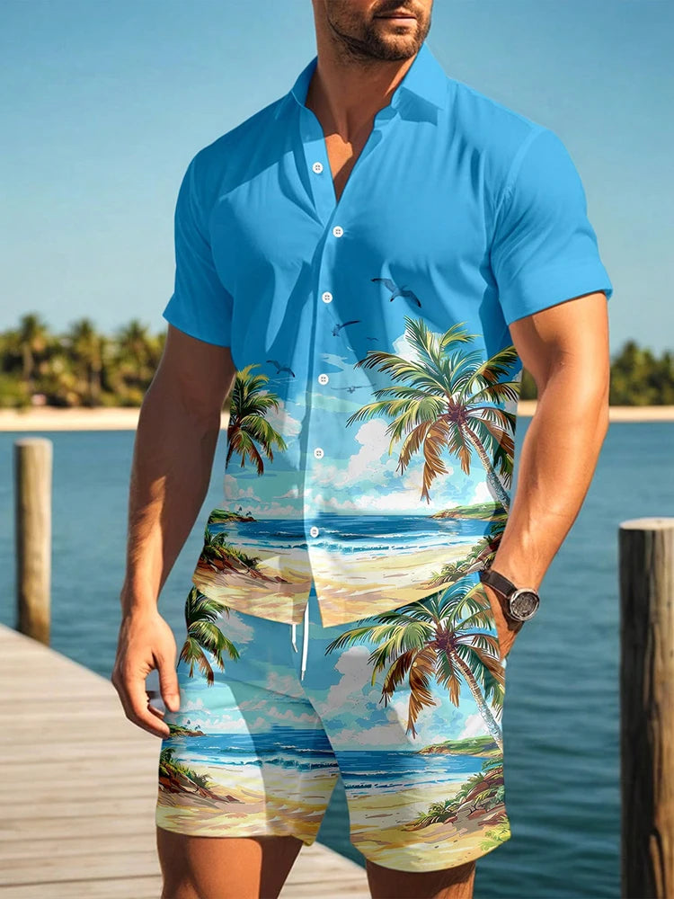 Men's Hawaiian Coconut Tree Print Shirt and Shorts Set - 2-Piece Beach Outfit
