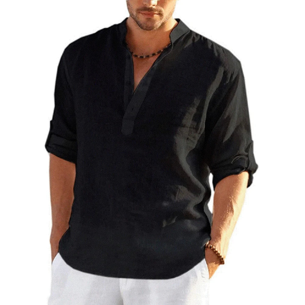 Men's Cotton Linen Long Sleeve Casual Shirt - Lightweight Breathable Button-Down Top