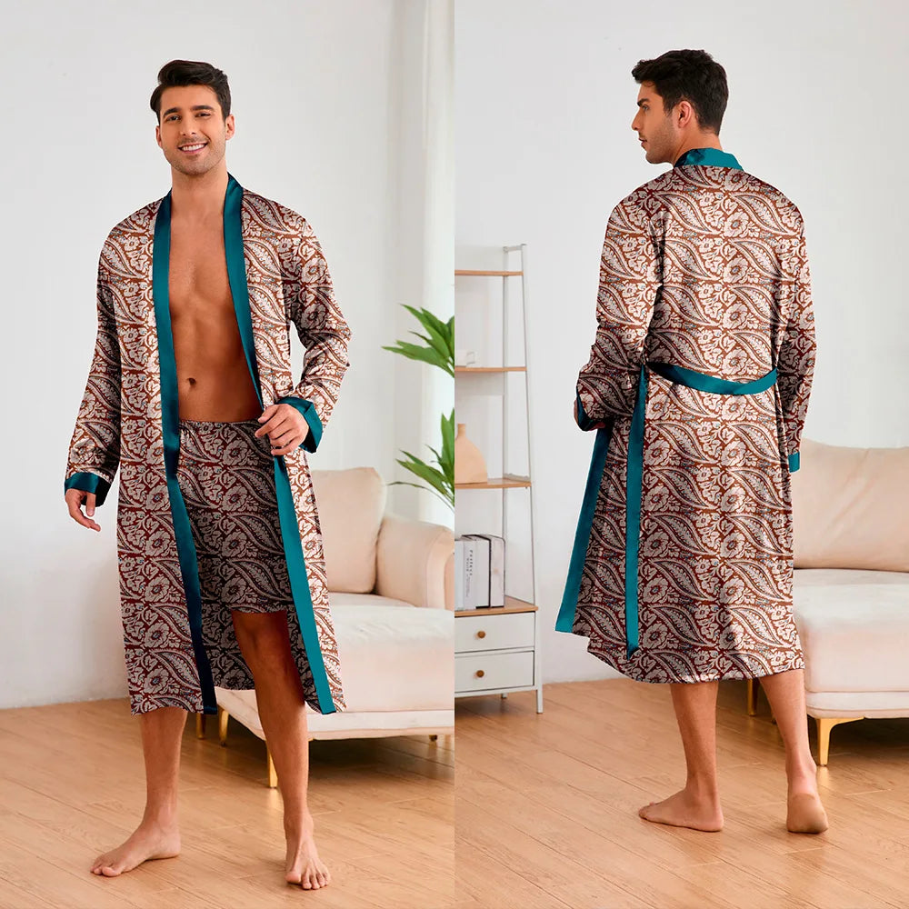 Men's Premium Ice Silk Kimono Bathrobe Set - Tiger Print Loungewear