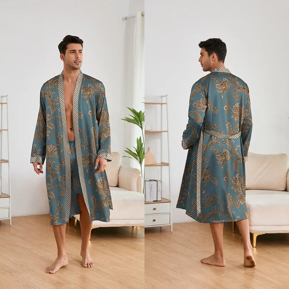 Men's Premium Ice Silk Kimono Bathrobe Set - Tiger Print Loungewear