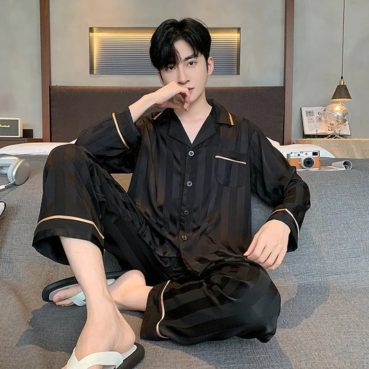 Ice Silk Striped Pajama Suit - Jacquard V-Neck