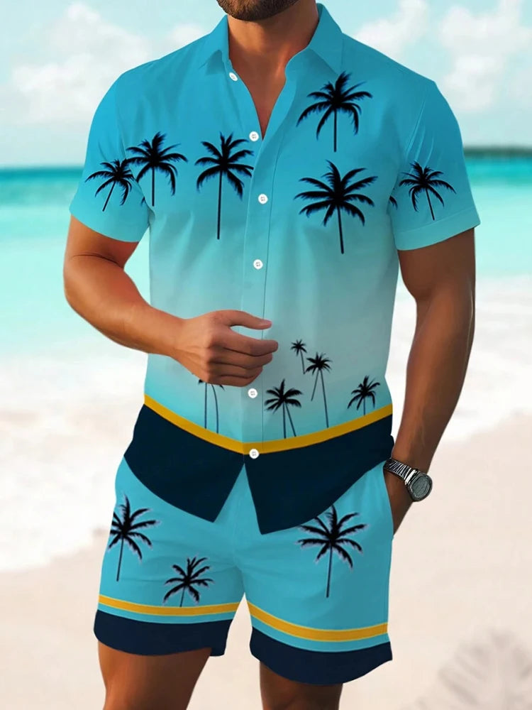Men's Hawaiian Coconut Tree Print Shirt and Shorts Set - 2-Piece Beach Outfit