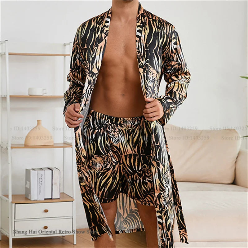 Men's Premium Ice Silk Kimono Bathrobe Set - Tiger Print Loungewear