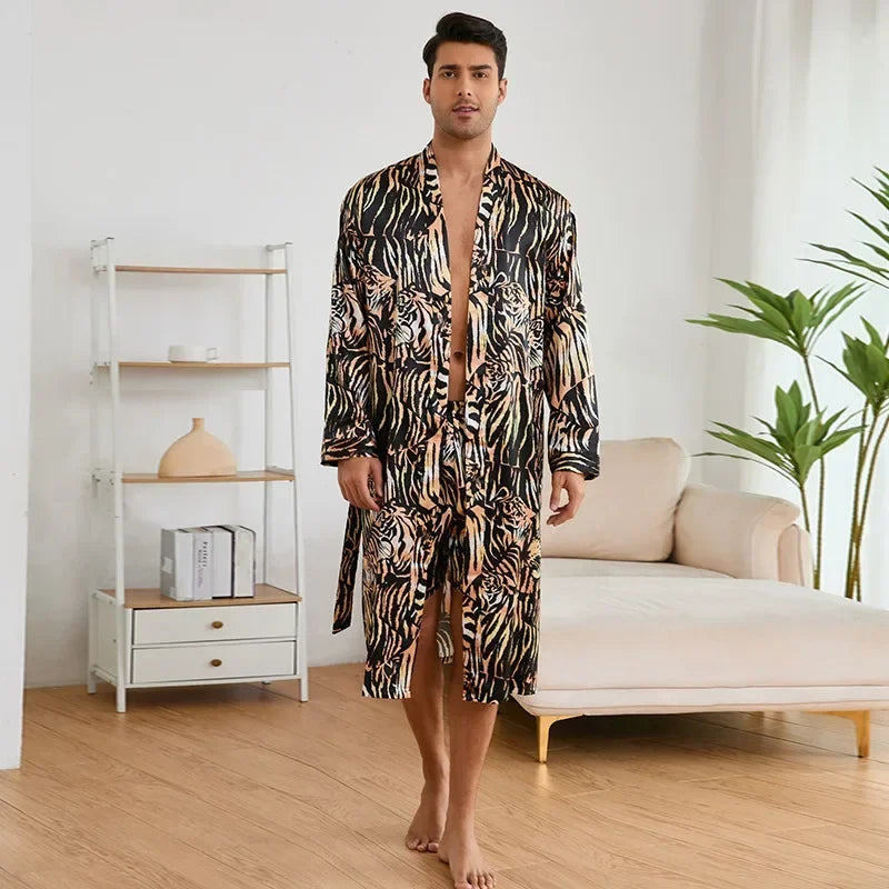 Men's Premium Ice Silk Kimono Bathrobe Set - Tiger Print Loungewear