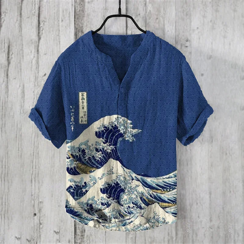 Hawaiian Linen Shirt - Fish Pattern Summer Top