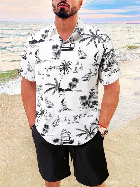 Men's Hawaiian Coconut Tree Print Shirt and Shorts Set - 2-Piece Beach Outfit