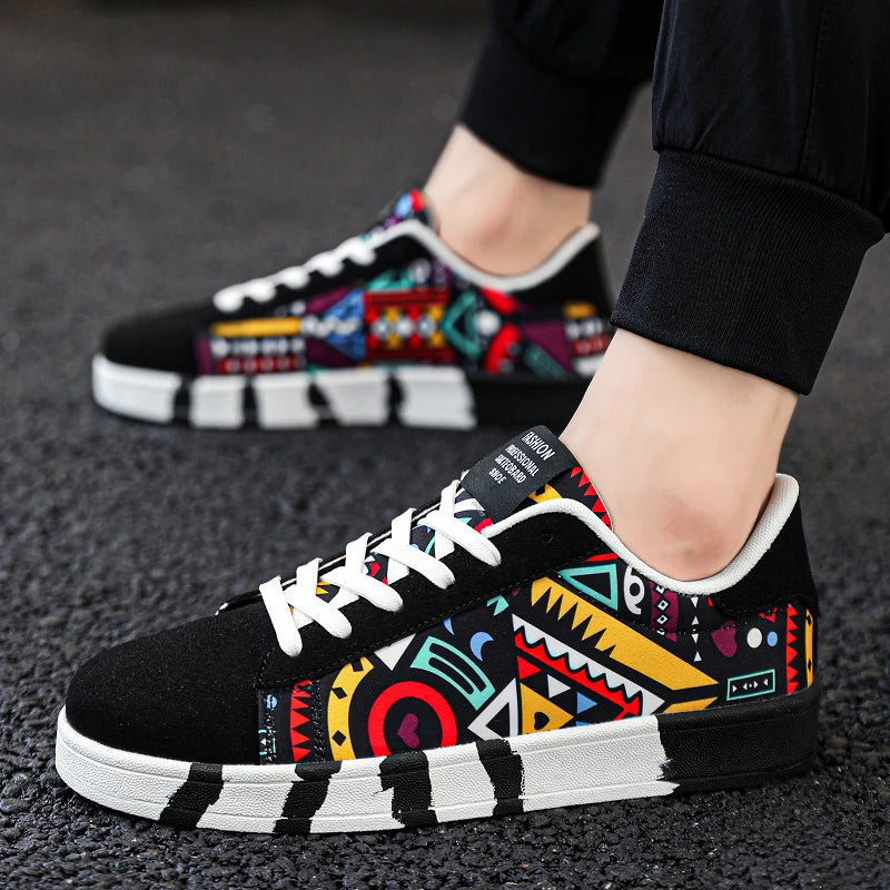 Men's Graffiti Canvas Sneakers - Colorful Lace-Up Casual Shoes