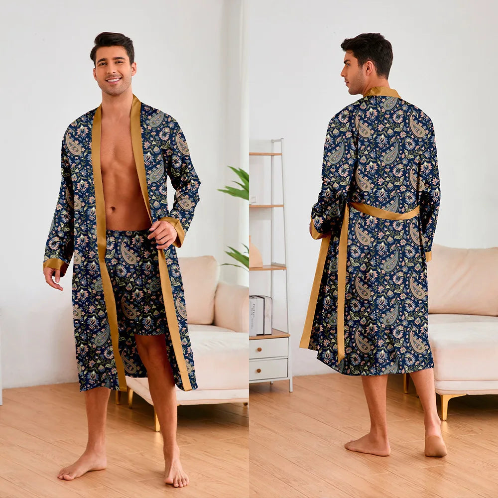 Men's Premium Ice Silk Kimono Bathrobe Set - Tiger Print Loungewear