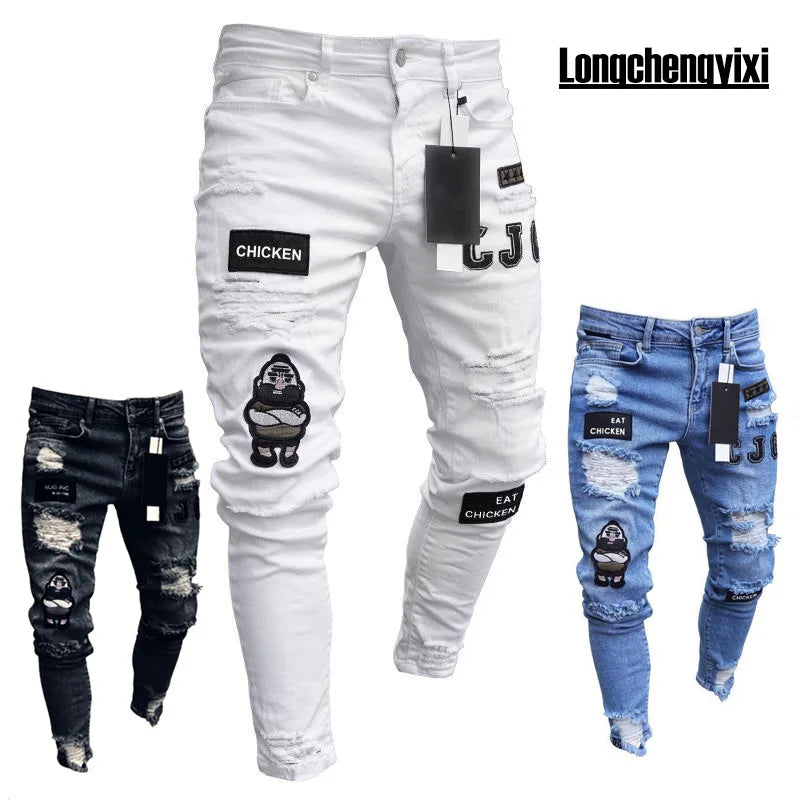 Knee Ripped Stretch Jeans - Hip Hop Slim Fit