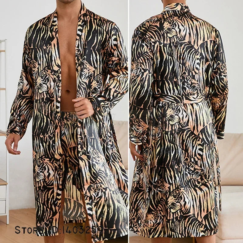 Men's Premium Ice Silk Kimono Bathrobe Set - Tiger Print Loungewear