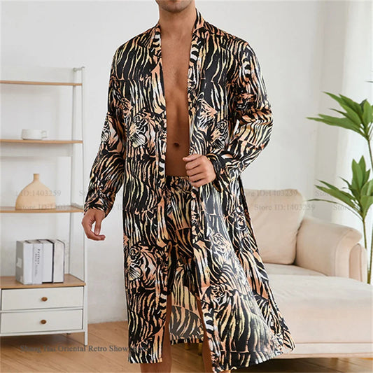 Men's Premium Ice Silk Kimono Bathrobe Set - Tiger Print Loungewear