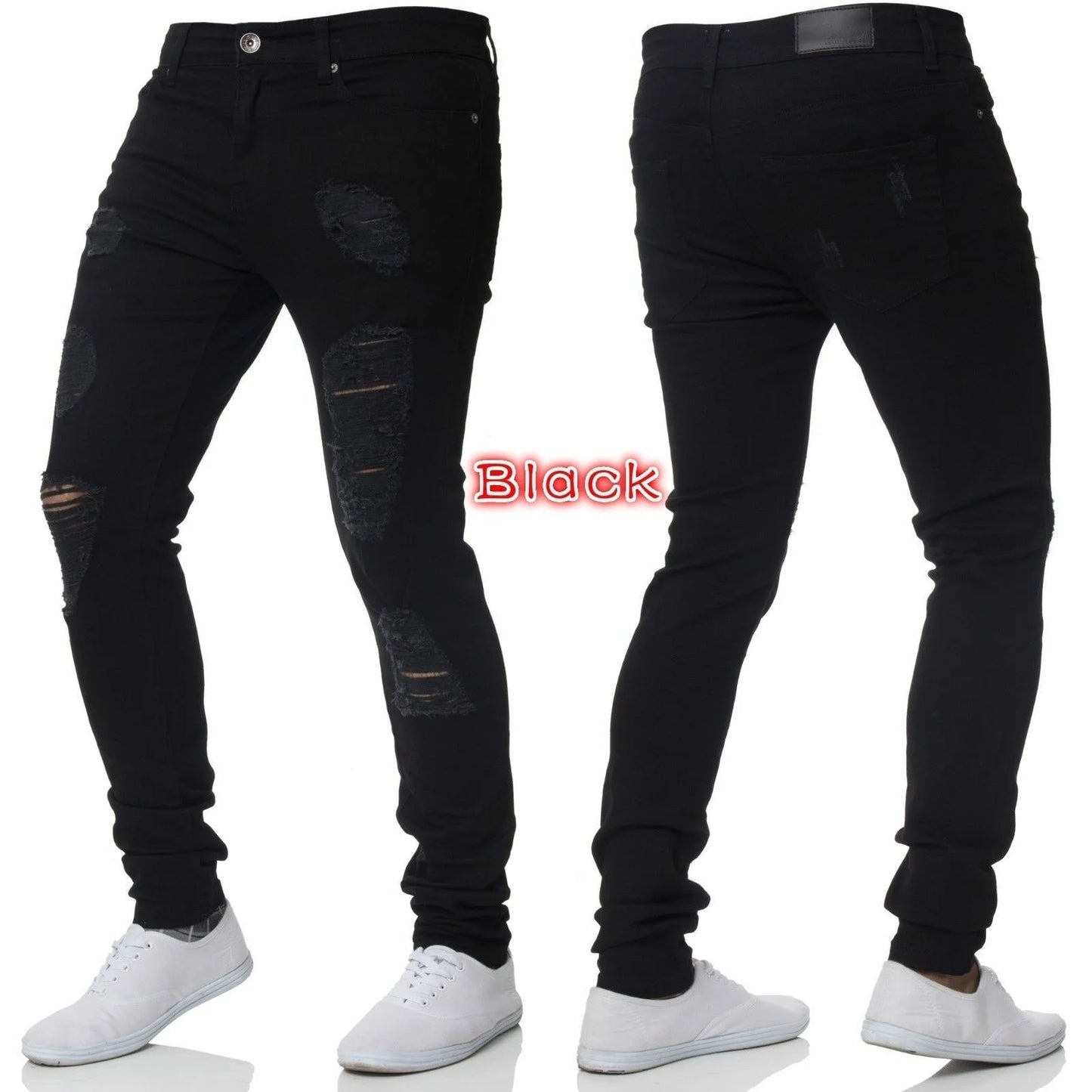 Knee Ripped Stretch Jeans - Hip Hop Slim Fit