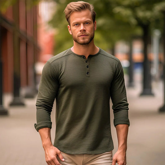 Slim Fit Long Sleeve Tee - Button Neck Cotton Shirt